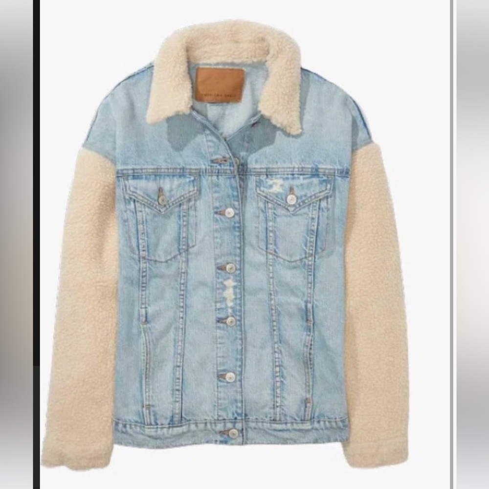 American eagle jean jacket with sherpa sleeves and collar